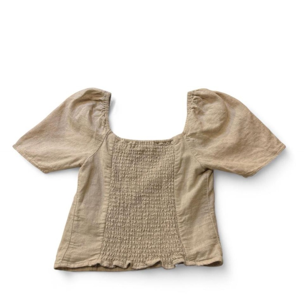 Abercrombie & Fitch Linen-Blend Puff Sleeve Smocked Crop Top XS - Picture 6 of 8